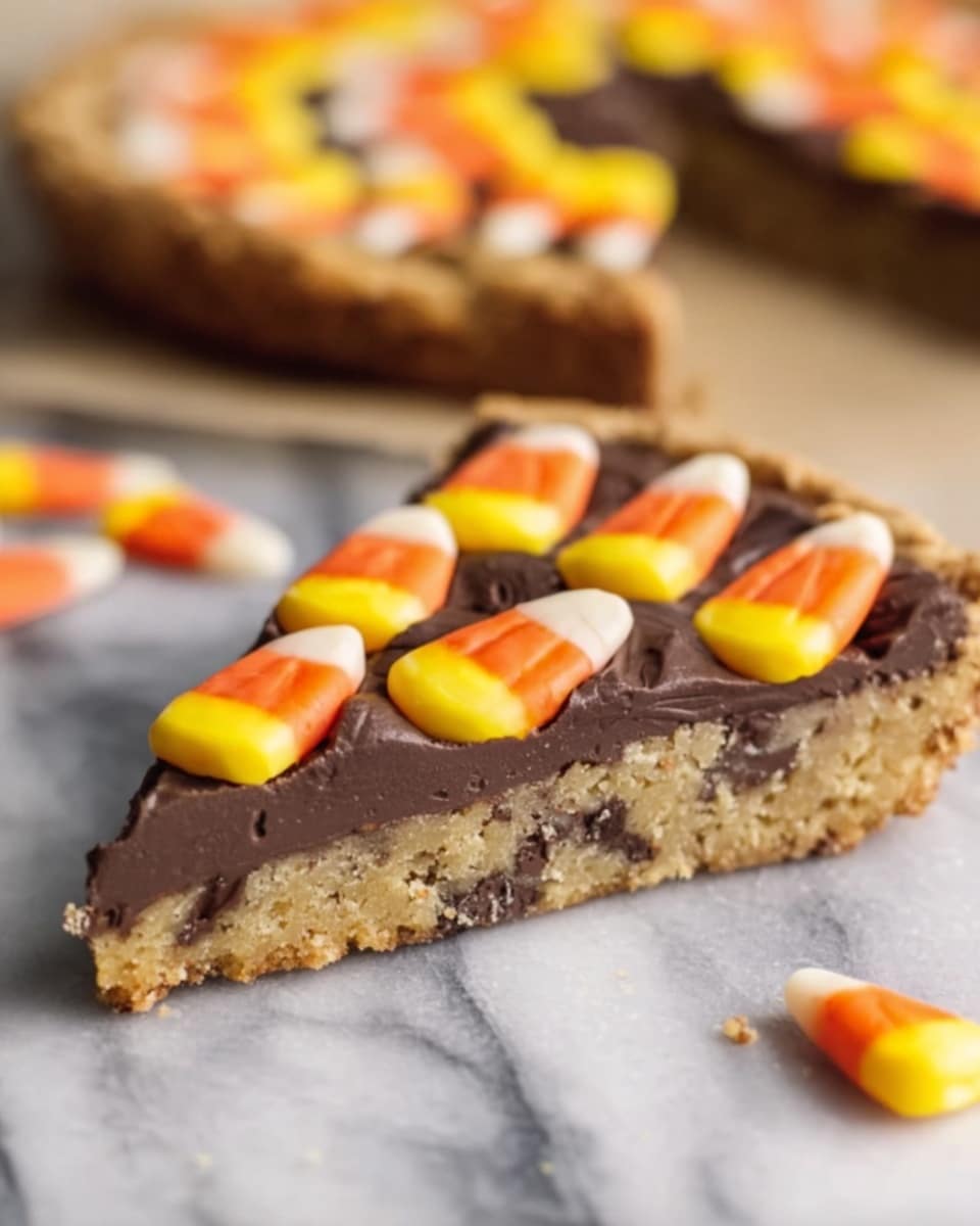 A slice of cookie cake is shown with three clear layers: the base is a thick, light brown cookie dough with visible chocolate chips, the middle layer is a smooth, rich dark chocolate spread covering the entire cookie base, and the top layer has candy corn pieces placed in a fan shape, each candy having three colors—yellow, orange, and white. The slice is on a white marbled surface, with more candy corns scattered softly blurred in the background. The edge of the cookie is slightly browned and textured, showing a crunchy crust. Photo taken with an iphone --ar 4:5 --v 7