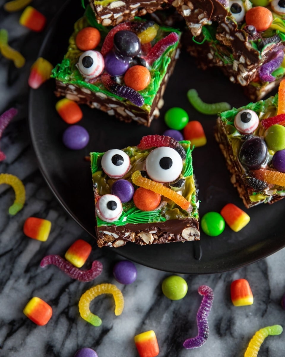 The image shows square-shaped rocky road treats decorated with colorful candy pieces. Each piece has a base layer of chocolate mixed with nuts and marshmallows, topped with green frosting that looks like grass. On top of this, there are large candy eyeballs, bright orange and purple round candies, and gummy worms in red, yellow, and green colors placed randomly. The treats are on a black plate and a white marbled surface scattered with more candy eyeballs, gummy worms, and round candies in purple, orange, and lime green colors. photo taken with an iphone --ar 4:5 --v 7
