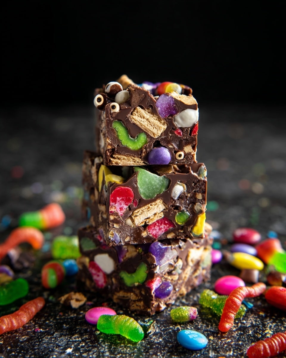 The image shows three stacked pieces of chocolate rocky road with mixed colorful candy pieces embedded inside. Each piece is roughly square shaped, with visible layers of chocolate, biscuit chunks, and various bright candies like green, purple, white candies, gummy worms, and eyes. The stacked rocky roads are placed on a dark textured surface with scattered colorful miniature candies and gummy worms around. The background is black, making the colors of the candies stand out. photo taken with an iphone --ar 4:5 --v 7