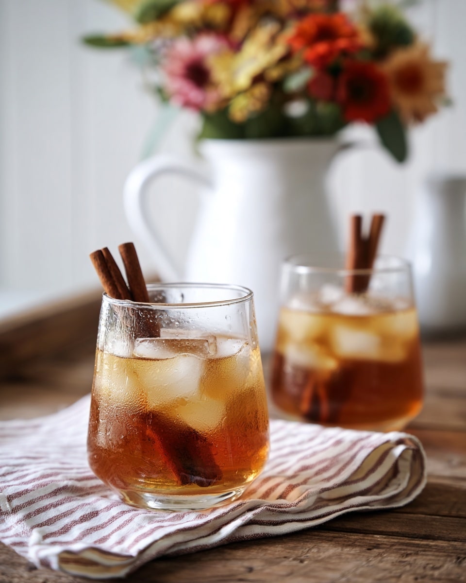 The image shows a close-up of a clear glass filled with light brown iced tea. The glass contains several large, clear ice cubes floating in the drink and one long cinnamon stick standing upright near the edge. In the background, there is a second similar glass, slightly blurred, also filled with iced tea, ice cubes, and a cinnamon stick. Both glasses sit on a white marbled surface with a folded cloth underneath that has horizontal stripes in brown and white tones. The photo is softly lit, focusing on the front glass with a shallow depth of field. photo taken with an iphone --ar 4:5 --v 7