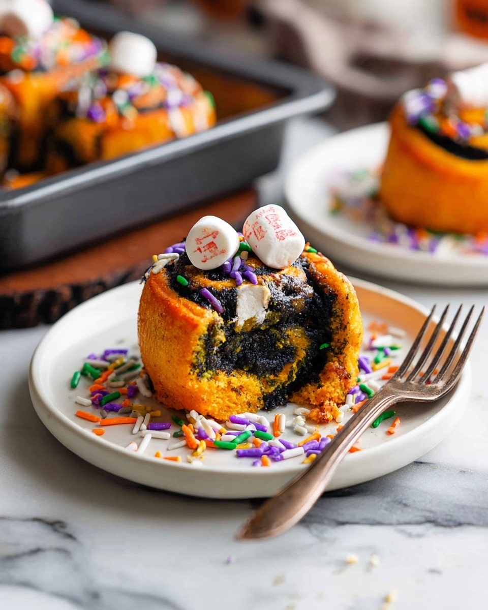 A small, round cake sits in the center of a white plate with two layers visible; the outer layer is bright orange with a slightly spongy texture, while the inner layer is deep black and smooth, forming a swirl pattern inside. On top of the cake are four tiny white marshmallows with red writing, and colorful sprinkles in orange, green, purple, and white are scattered both on the cake and around the plate. A fork rests to the right of the plate, and the background shows a cake pan with more of the same cake, all set on a white marbled surface. photo taken with an iphone --ar 4:5 --v 7