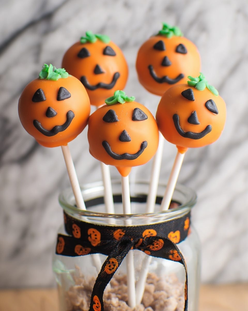 The image shows five round cake pops decorated to look like jack-o'-lanterns. Each cake pop has a smooth, bright orange outer layer, with small green frosting on top to resemble pumpkin stems. The faces are made with black icing, showing two triangle eyes, a small triangle nose, and a smiling curved mouth on each pop. The cake pops are placed vertically on white sticks and gathered together inside a clear glass jar filled with small light brown pieces. A black ribbon with orange pumpkin prints is wrapped around the jar. The background is a white marbled surface. photo taken with an iphone --ar 4:5 --v 7