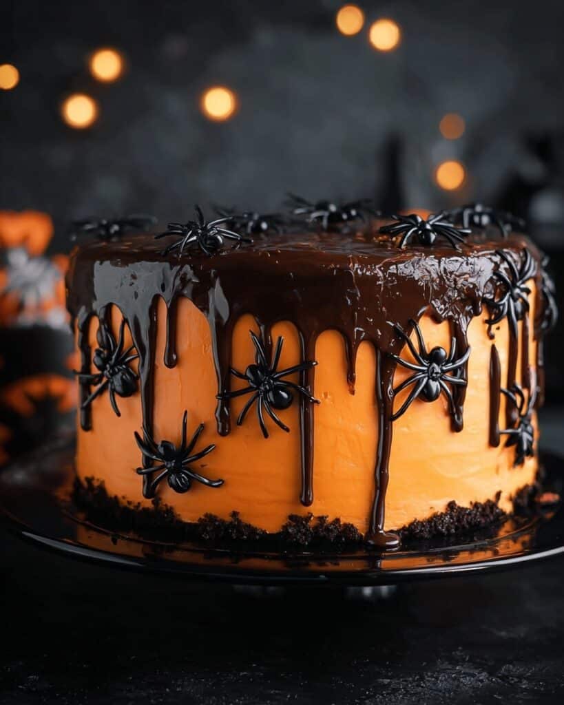 Halloween Dark Chocolate Fudge Cake with Orange Buttercream and Ganache Recipe