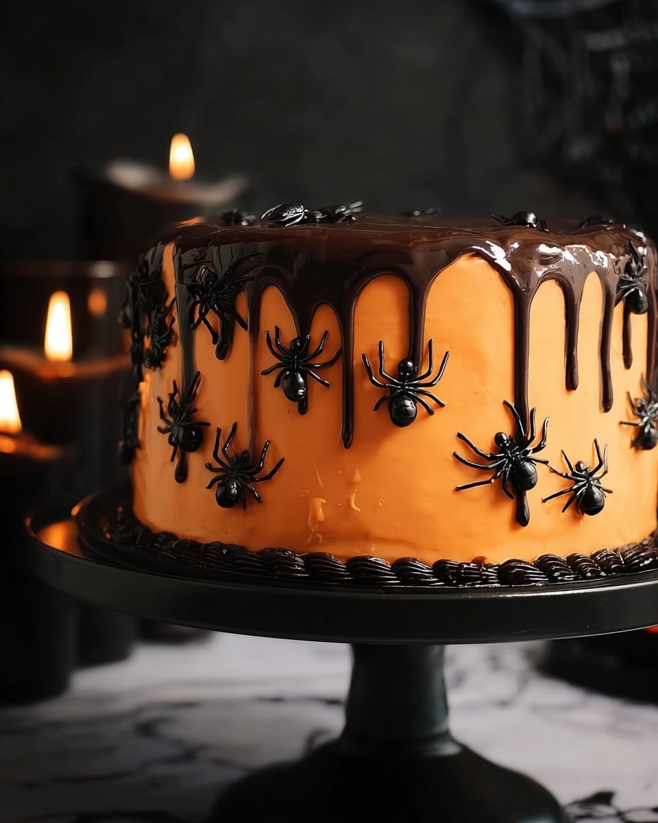 The cake has a thick, smooth orange frosting covering its sides, with a dark chocolate layer dripping down from the top unevenly. Small black plastic spiders are placed all over the orange frosting and the white plate holding the cake. The cake is displayed on a round black stand with a dark background and two softly glowing candles blurred in the distance. The surface beneath the stand is a white marbled texture. Photo taken with an iphone --ar 4:5 --v 7