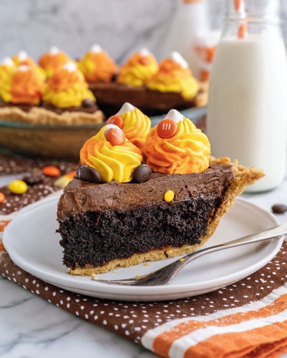 A round chocolate pie with a shiny, cracked dark brown chocolate filling sits in a clear glass pie dish with a golden brown crust folded neatly on the edges. On top of the pie are nine evenly spaced swirls of bright yellow frosting with orange highlights, each topped with a small white dollop of cream and a single dark brown chocolate candy with a white 