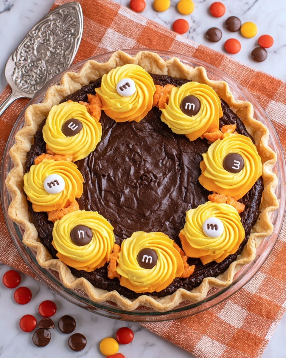 A slice of rich dark chocolate pie with a cracked top layer sits on a white plate on a white marbled surface. The pie has a light brown crust at the bottom, holding a thick, moist, and dense chocolate filling. On top, there are two swirled dollops of frosting, each with a base layer of bright yellow, a middle layer of orange, and a small white swirl on top, each crowned with a small round chocolate candy. A silver fork rests beside the slice on the plate. In the background, the rest of the pie is visible with similar frosting dollops, along with a glass bottle of milk and a small white bowl of red and orange berries. photo taken with an iphone --ar 4:5 --v 7