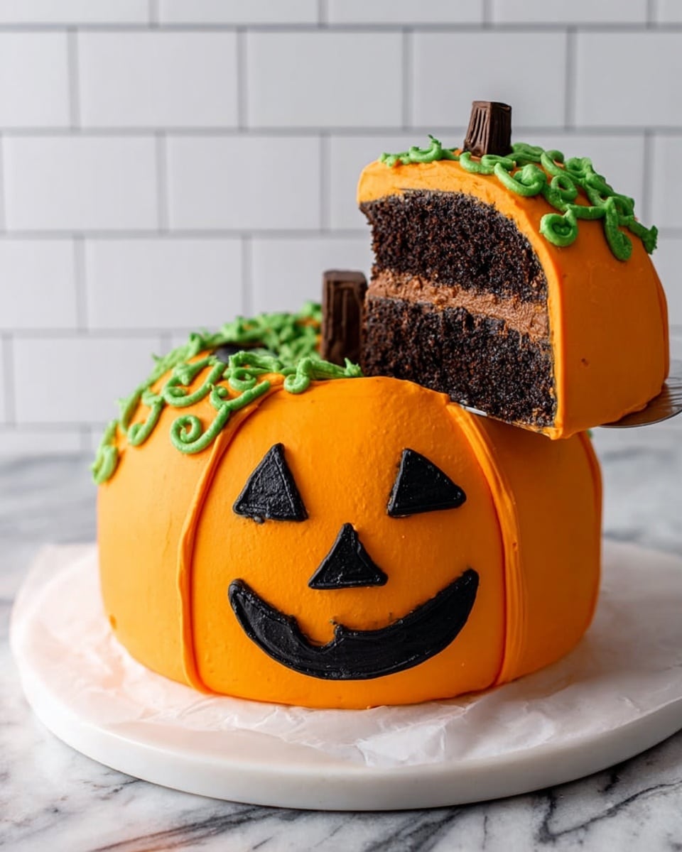 A round cake shaped like a pumpkin, covered in smooth orange frosting with carved black frosting eyes, nose, and a smiling mouth to resemble a jack-o'-lantern. The top of the pumpkin cake is lifted, showing one slice held above the cake, revealing dark brown chocolate cake inside with two layers. Green frosting vines and a small pumpkin stem sit on top of the cake for decoration. The cake sits on a white round base, placed on a white marbled surface with a white brick tile background. Photo taken with an iphone --ar 4:5 --v 7