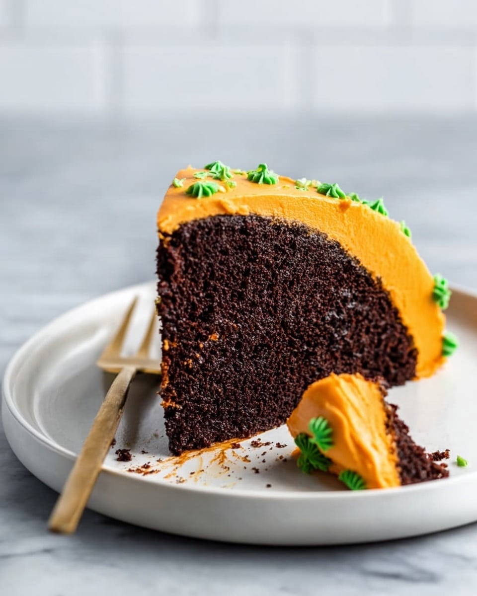 A slice of dark chocolate cake with two thick layers is shown on a white plate resting on a white marbled surface. The cake is covered in bright orange frosting on top and along the side. Small green frosting decorations are on the top edge of the cake and scattered on the plate. A cake server is placed underneath the slice, lifting it slightly. A small piece of cake with orange frosting sits next to the slice on the plate. The background is softly blurred with light tiles, emphasizing the cake slice. Photo taken with an iphone --ar 4:5 --v 7