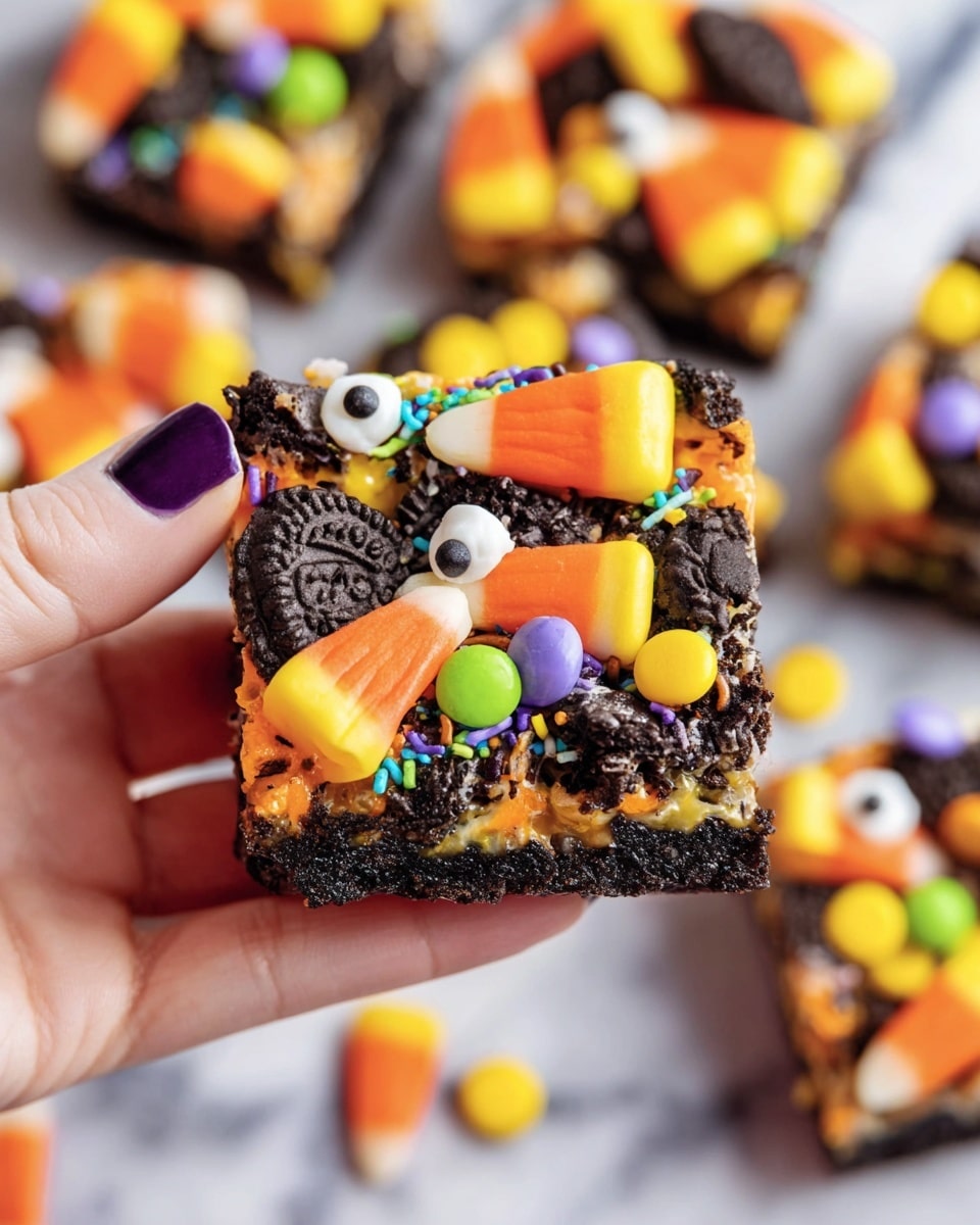 A woman’s hand with dark purple nail polish is holding a square treat made with a base layer of melted marshmallow and crushed black cookie pieces. On top, there are layered bright orange candy corn pieces arranged pointing towards the edges, along with colorful round candies in yellow, orange, and green scattered around. Small candy eyes in white with black centers are embedded within the treat, along with tiny round sprinkles in white, green, blue, and orange. The texture is sticky and chunky with visible pieces of cookie and candy, all set against a blurred white marbled background where other similar treats can be seen. Photo taken with an iphone --ar 4:5 --v 7