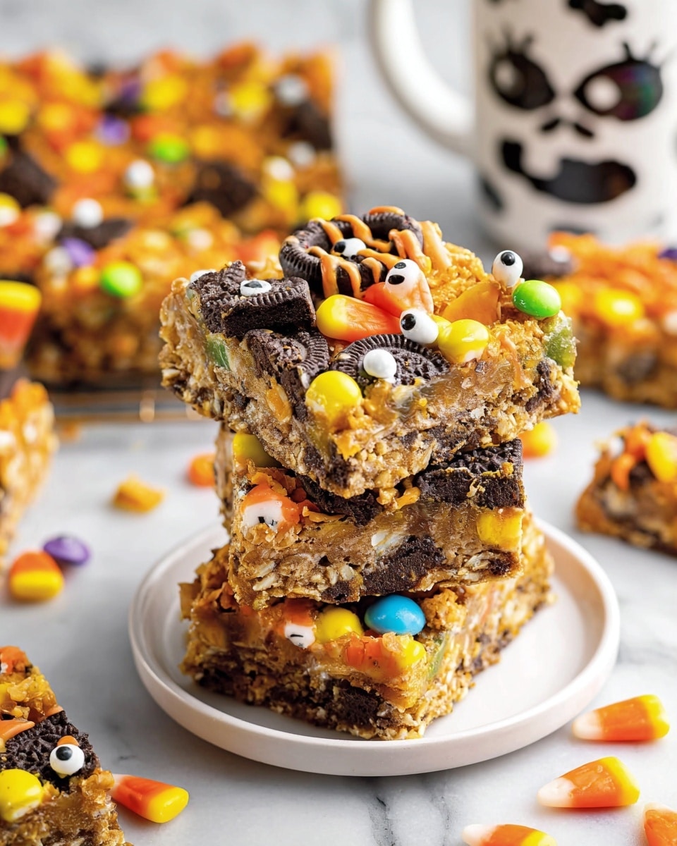 The image shows a stack of three thick, square candy bars on a white round plate placed on a white marbled surface. Each bar has a rich, multi-layered look with a crumbly base mixed with white and light brown textures. On top, pieces of black and orange striped cookies are scattered, along with bright candy corn in yellow, orange, and white colors. Additional colorful round candies in green, orange, yellow, and blue dot the bars, along with small edible eyes that add fun details. The background shows more pieces of the candy bars and a white mug with a black and white cartoon design slightly out of focus. Photo taken with an iphone --ar 4:5 --v 7