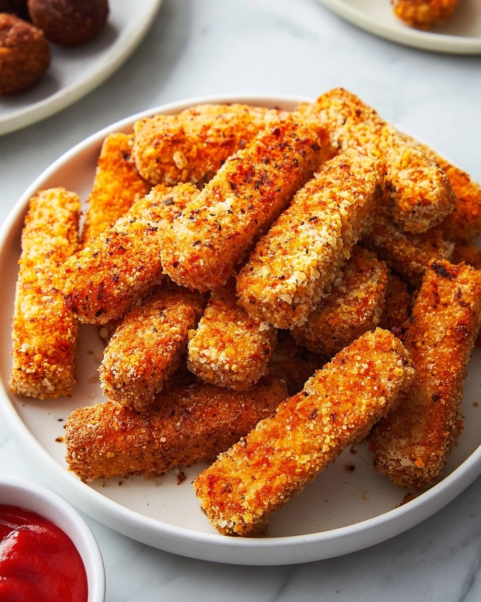 The image shows a white plate full of golden-brown breaded sticks that look crispy and crunchy. The sticks are stacked in a way that some lie flat while others lie angled, creating a thick pile filling the plate. The textured breading has specks of orange and darker brown, showing a well-baked crust. The plate sits on a white marbled surface, and nearby there is a white bowl with red ketchup and a glimpse of a dark white plate with meatballs in the corner. The overall look is warm and appetizing. photo taken with an iphone --ar 4:5 --v 7