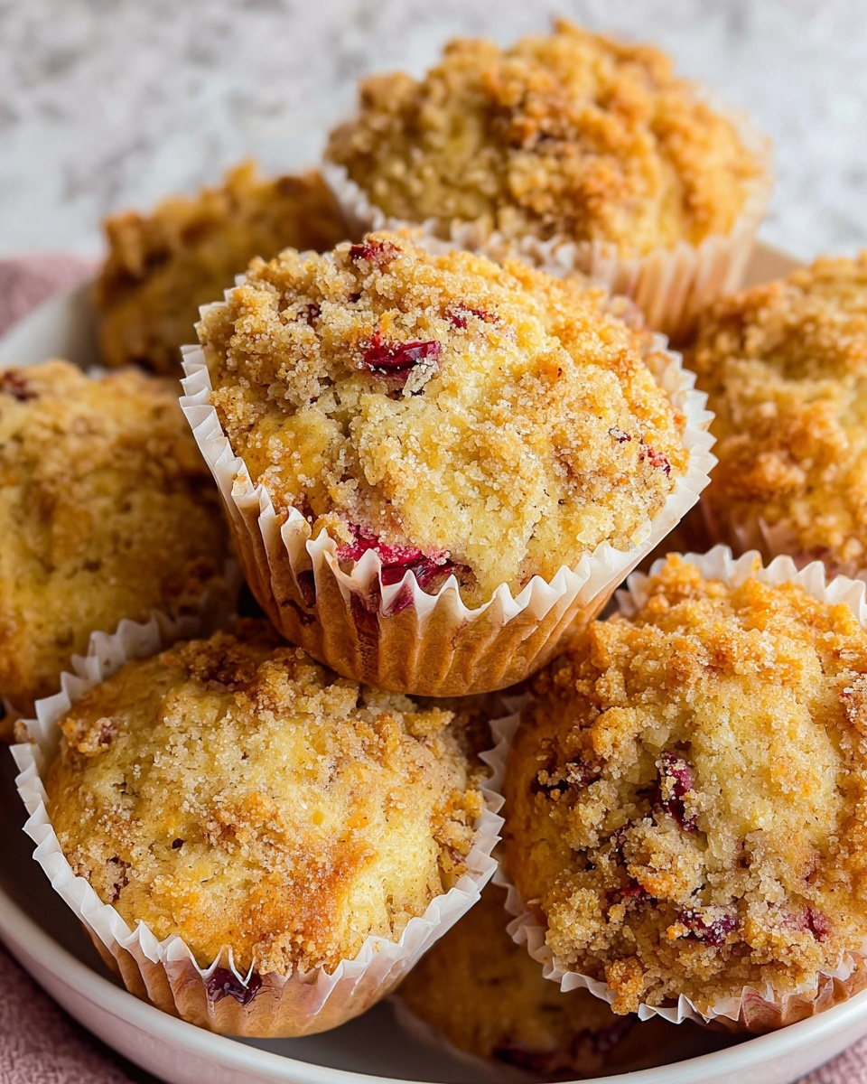 A close-up view of seven golden brown muffins in white paper liners, arranged tightly inside a white bowl. Each muffin has a slightly rough textured top sprinkled with crumbly streusel, with visible pieces of red berries and bits of nuts peeking through the light, fluffy surface. The muffins show a slightly domed shape with a crunchy-looking topping. The background is a white marbled texture with a soft focus, making the muffins the main focus. photo taken with an iphone --ar 4:5 --v 7