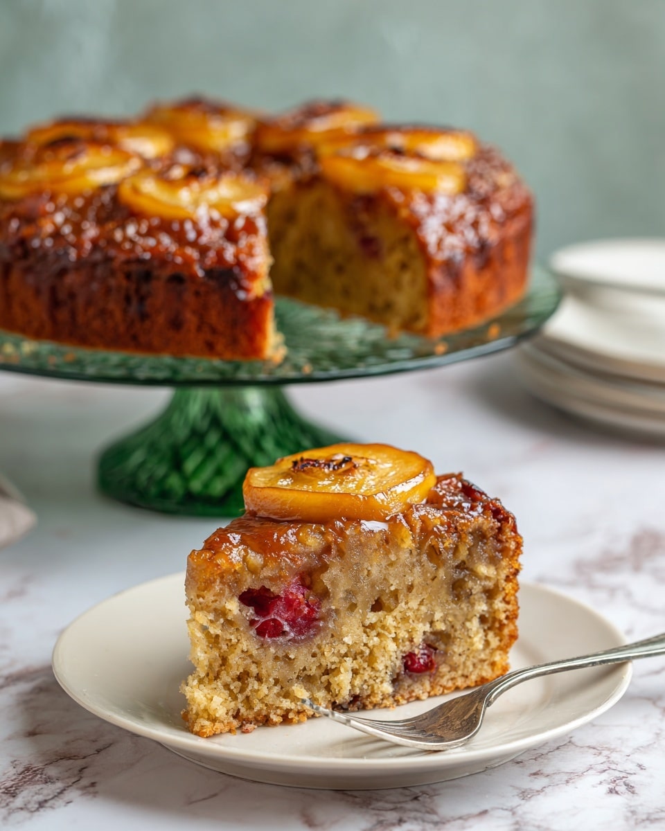 The image shows a thick slice of light brown cake with a moist texture and some red fruit pieces inside, placed on a round white plate with a metal fork beside it. The top of the cake slice has a golden caramelized banana slice with a slightly burnt spot. In the background, the rest of the cake, which is ring-shaped and has a similar caramelized banana slice on top, sits on a green glass cake stand. The setting includes a white marbled textured surface. photo taken with an iphone --ar 4:5 --v 7