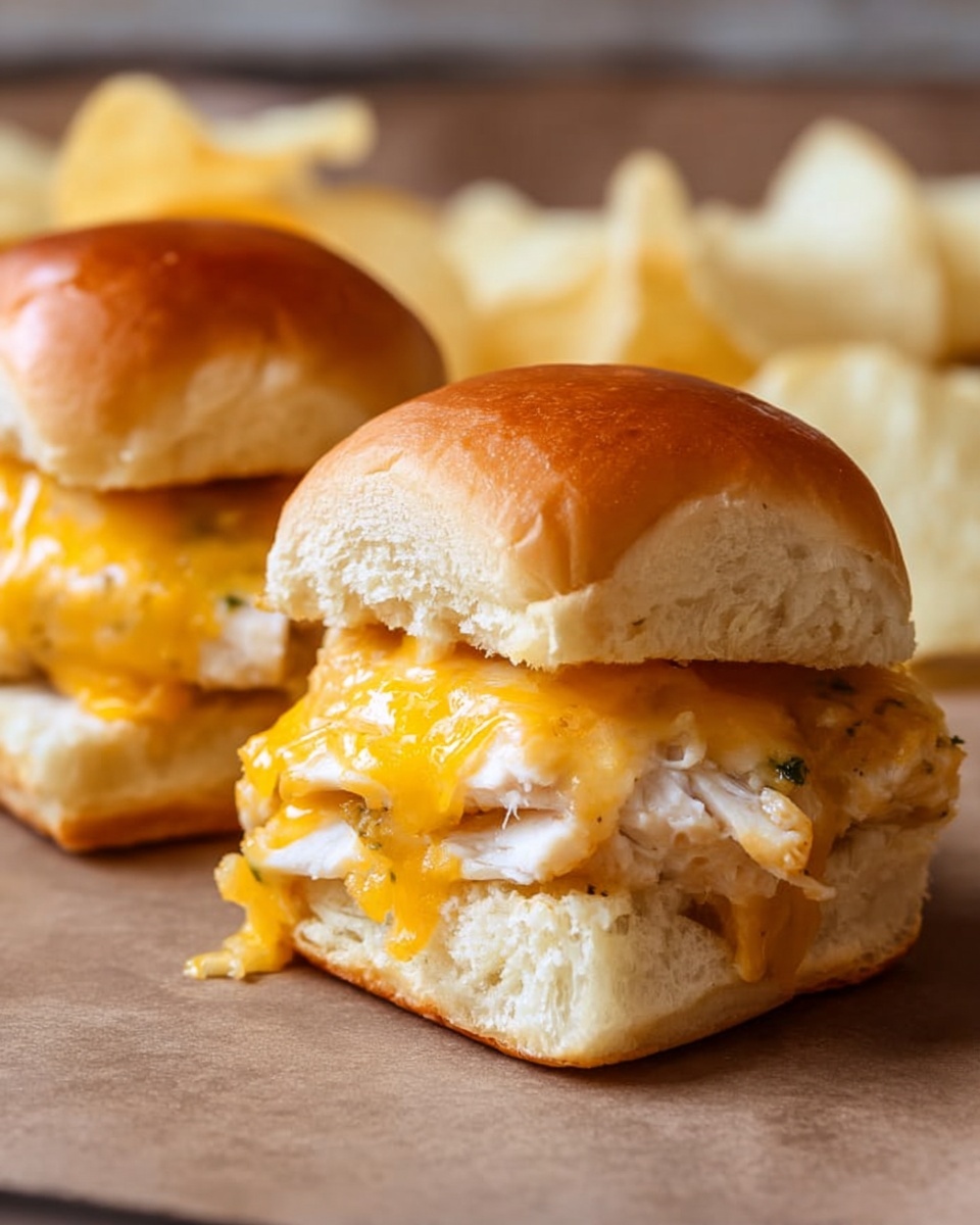 Two small sandwiches sit on a brown surface with some light-colored potato chips in the background. Each sandwich has a soft, shiny, golden-brown top bun. Inside, there is a thick layer of white meat and a generous amount of melted bright orange cheese that oozes slightly over the sides. The bottom bun is light and fluffy with a pale yellow color. The sandwiches look warm and well toasted. Photo taken with an iphone --ar 4:5 --v 7