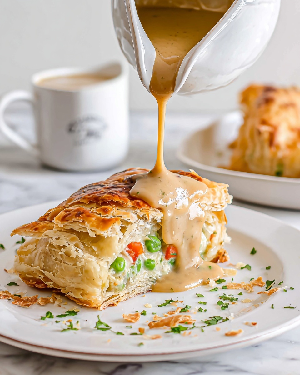 A flaky pastry is placed in the center of a white plate on a white marbled surface. The pastry is golden brown with crispy layers visible on top and sides. Inside, there is a creamy filling with visible pieces of green peas and small bits of orange carrots. A smooth, light brown sauce is being poured from a white gravy boat onto the top of the pastry, spreading down its side. Some pastry flakes and small bits of green herbs are scattered on the plate around the pastry. Photo taken with an iphone --ar 4:5 --v 7
