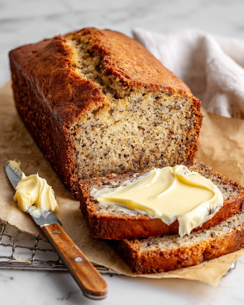 A loaf of banana nut bread with a brown crust and a moist, speckled light brown interior is shown on parchment paper over a wire rack on a white marbled surface. One slice is close to the loaf, spread with a thick layer of creamy, pale yellow butter, and another plain slice lies in front of it. Beside the slices, a knife with a silver blade and a dollop of butter rests on the parchment. Photo taken with an iphone --ar 4:5 --v 7