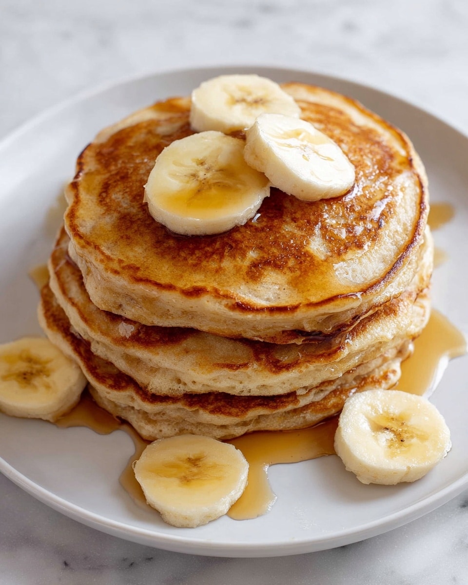 A stack of five golden brown pancakes sits in the center of a white plate on a white marbled surface. The pancakes have a soft, slightly uneven texture with crispy edges showing light browning. Three banana slices with a creamy pale yellow color are placed on the top pancake, and a few more slices rest beside the stack on the plate. A warm amber syrup is poured over the top pancake, creating a shiny glaze that drips down the sides and pools slightly on the plate. Photo taken with an iphone --ar 4:5 --v 7