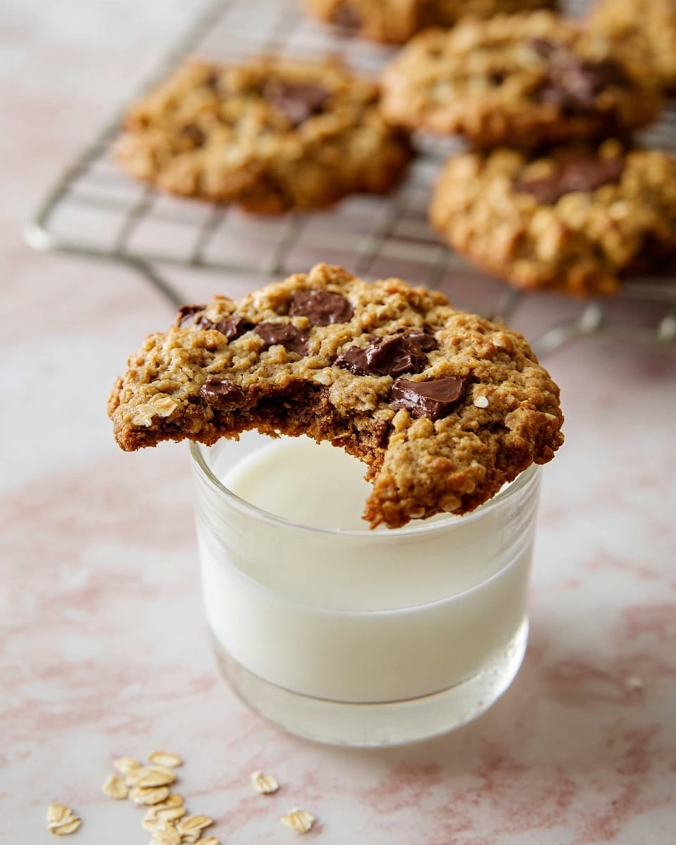 A round oatmeal cookie with visible large chocolate chunks is held over a clear glass filled with white milk, with a bite taken from the cookie’s edge revealing a chewy inside texture. The cookie's rough oats and soft chocolate pieces create a textured top layer in light brown and dark brown colors. In the background, more cookies rest on a metal cooling rack, all placed on a white marbled surface. Small oat crumbs are scattered near the glass. Photo taken with an iphone --ar 4:5 --v 7