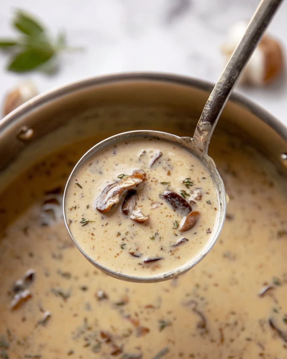 A close-up image of a metal ladle filled with creamy beige mushroom soup with small dark brown mushroom pieces floating inside. The ladle is held above a large silver pot filled with the same soup, showing a smooth and creamy texture with bits of mushrooms visible throughout. The background features a white marbled surface with some green leaves slightly blurred in the corner. The photo has soft lighting highlighting the soup's rich, smooth consistency. Photo taken with an iphone --ar 4:5 --v 7