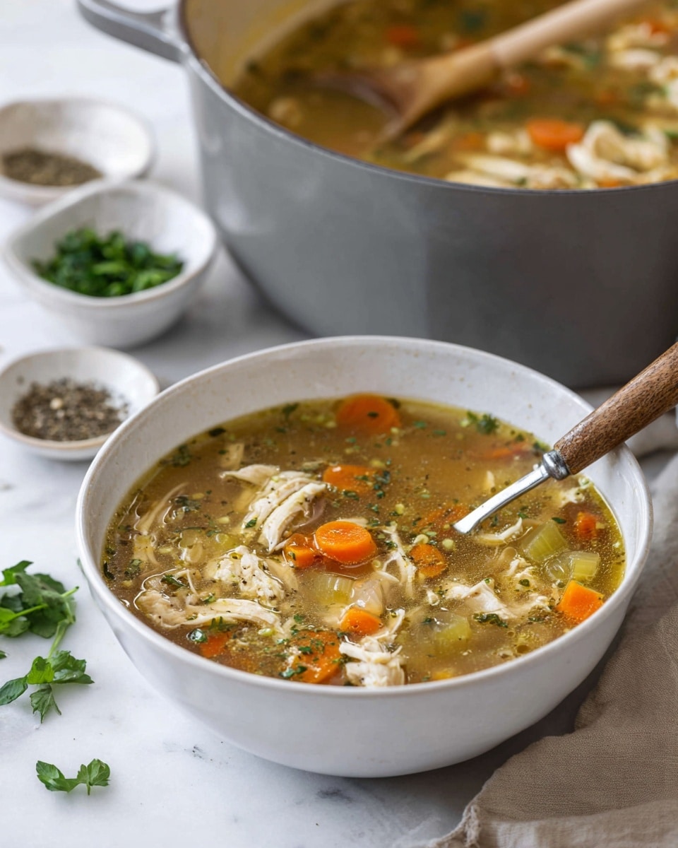 A large white pot filled with clear broth soup full of three main layers: the bottom layer is light broth with small bits of green herbs floating; the middle layer has orange carrot pieces and pale green celery chunks evenly spread; the top layer includes white shredded chicken strips and pale yellow macaroni noodles scattered around. The pot is placed on a white marbled surface next to a wooden board with fresh green herbs and small white bowls containing chopped herbs and black pepper. Photo taken with an iphone --ar 4:5 --v 7
