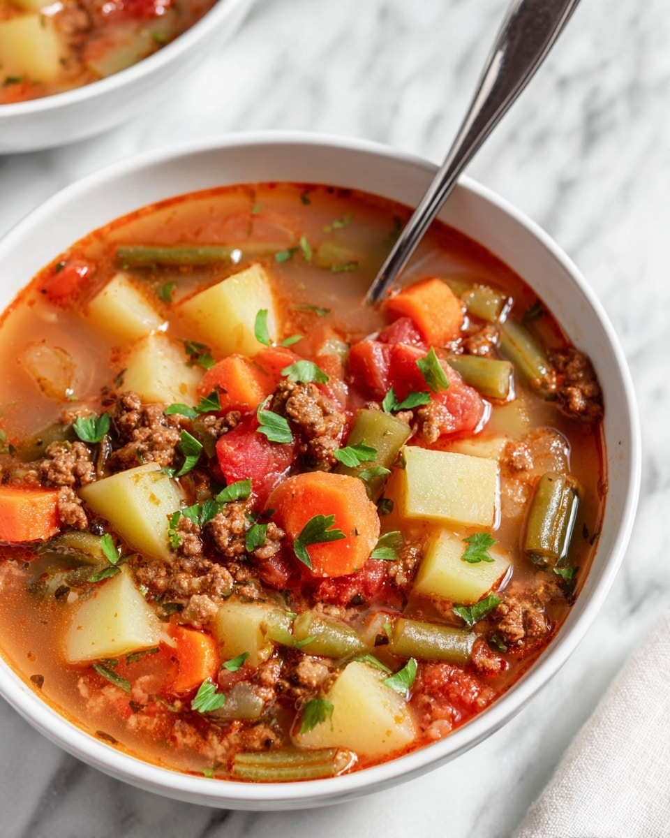 The image shows a bowl of chunky soup filled with several layers of ingredients. The base broth is a light red color, slightly watery with a thin oil shine on top. Large cubes of light yellow potato pieces float in the broth, mixed with bright orange carrot chunks, dark green pieces of green beans, and softened red tomato pieces. There are small browned pieces of ground meat spread throughout the soup. The dish is topped with small green parsley leaves, adding a fresh touch. A silver spoon stands upright in the bowl, which is white and placed on a white marbled surface. Photo taken with an iphone --ar 4:5 --v 7