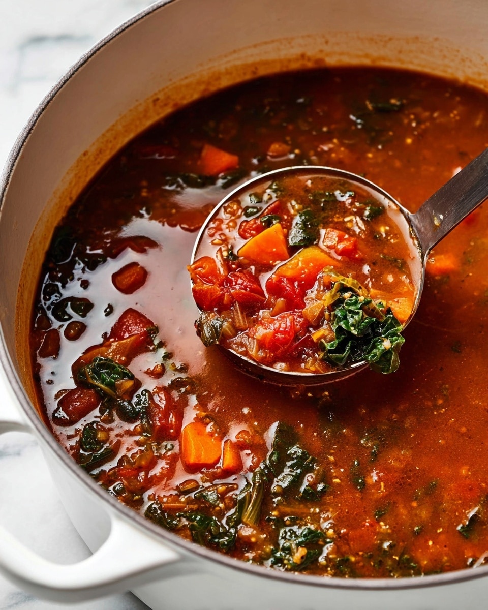 A large white pot filled with a rich, red-brown soup that has visible ingredients including chunks of bright orange carrots, red tomato pieces, dark green leafy kale, and other small vegetable bits floating throughout. A metal ladle is partly submerged, holding a scoop of the soup that clearly shows the various bright and textured vegetable layers. The pot sits on a white marbled surface, enhancing the warm and hearty appearance of the dish. photo taken with an iphone --ar 4:5 --v 7