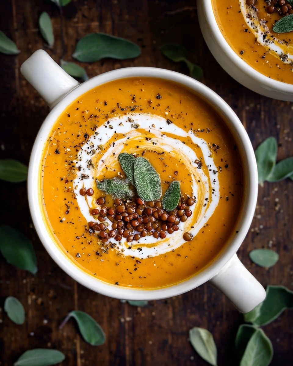 Two white bowls filled with smooth orange soup are pictured on a white marbled surface. Each bowl has a swirl of white cream on top, decorated with small brown lentils or seeds scattered over the cream. There are three green leaves placed on the soup near the edges of the bowls. One bowl has two silver spoons resting inside it. The surface underneath is dark brown wood, contrasting with the white bowls and orange soup. Photo taken with an iphone --ar 4:5 --v 7