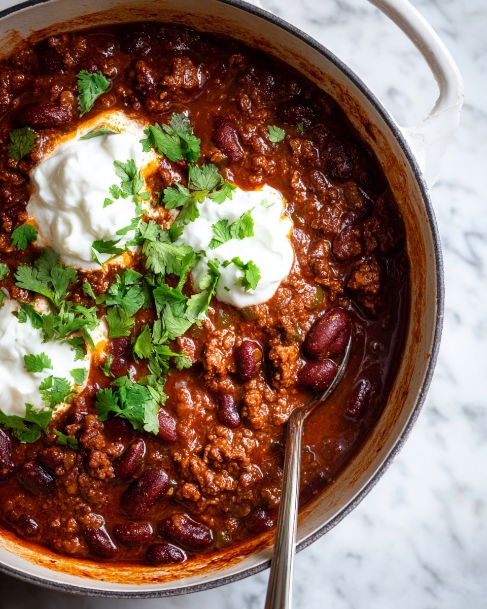 A close-up view of a deep white cooking pot filled with thick, rich chili. The chili has a dark reddish-brown color, mixed with visible dark kidney beans and small bits of tender meat. A large metal ladle rests inside the pot, partially dipped into the chili, showing its chunky texture. On the surface of the chili, there are two dollops of smooth, white sour cream, topped with bright green fresh cilantro leaves for color contrast. The pot sits on a white marbled surface, with some chili splashes around the edge. Photo taken with an iphone --ar 4:5 --v 7