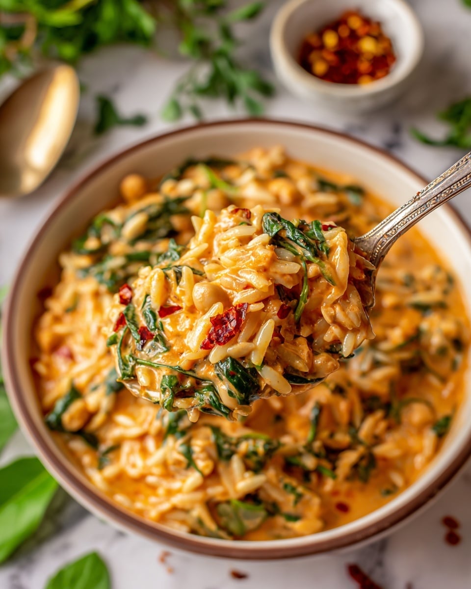 A white bowl filled with a creamy orange risotto that includes small round chickpeas and wilted green spinach leaves mixed evenly throughout. The risotto has a thick, rich texture with visible rice grains coated in the sauce. On top, there are a few fresh bright green basil leaves and some scattered red chili flakes adding specks of color. A silver spoon rests inside the bowl on the right side. The bowl is placed on a light beige cloth on a white marbled surface, with a small white bowl of red chili flakes and some shredded cheese nearby. Photo taken with an iphone --ar 4:5 --v 7