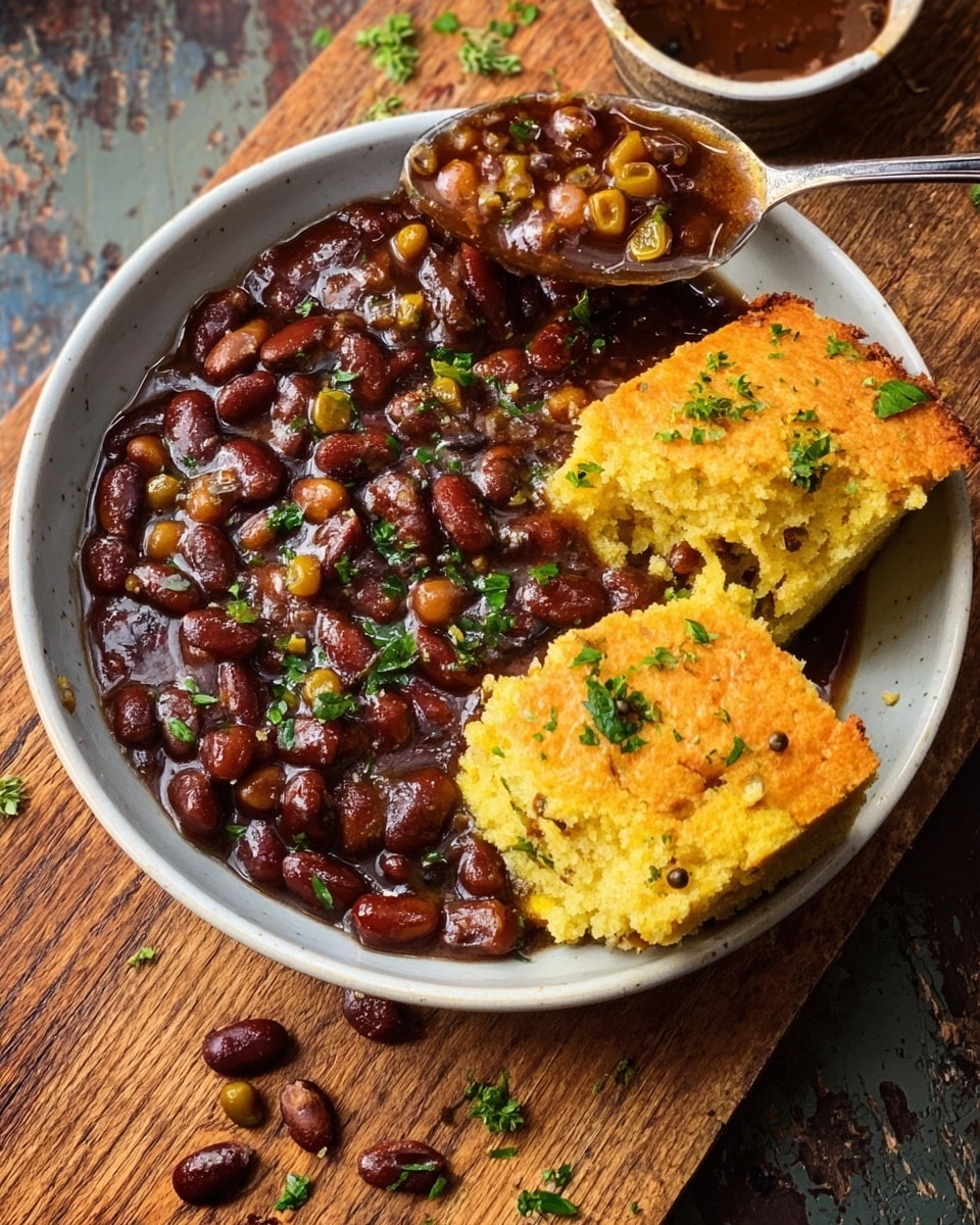 A white bowl filled with two main parts: one side has dark brown beans in a thick sauce, sprinkled with small green herb pieces, while the other side has two broken pieces of golden yellow cornbread with visible corn kernels and green herb bits on top. The bowl sits on a wooden surface with scattered beans, herbs, and a silver spoon holding some sauce. Photo taken with an iphone --ar 4:5 --v 7