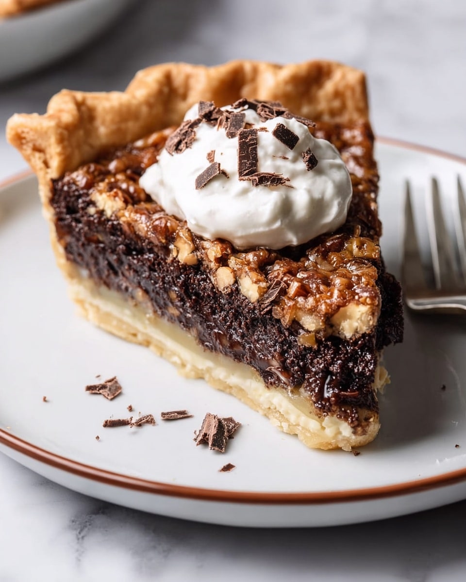 A slice of pie sits on a white plate with a brown rim on a white marbled surface. The slice has three main layers: a light tan crust at the bottom with a firm texture, a dark brown filling with a slightly chunky texture full of nuts, and a dollop of white cream on top with a smooth texture. A woman's hand holding a silver fork is lifting a bite-sized piece of the pie, showing the filling’s moist and rich texture. There are a few small dark brown crumbs and chocolate chips on the plate. Photo taken with an iphone --ar 4:5 --v 7