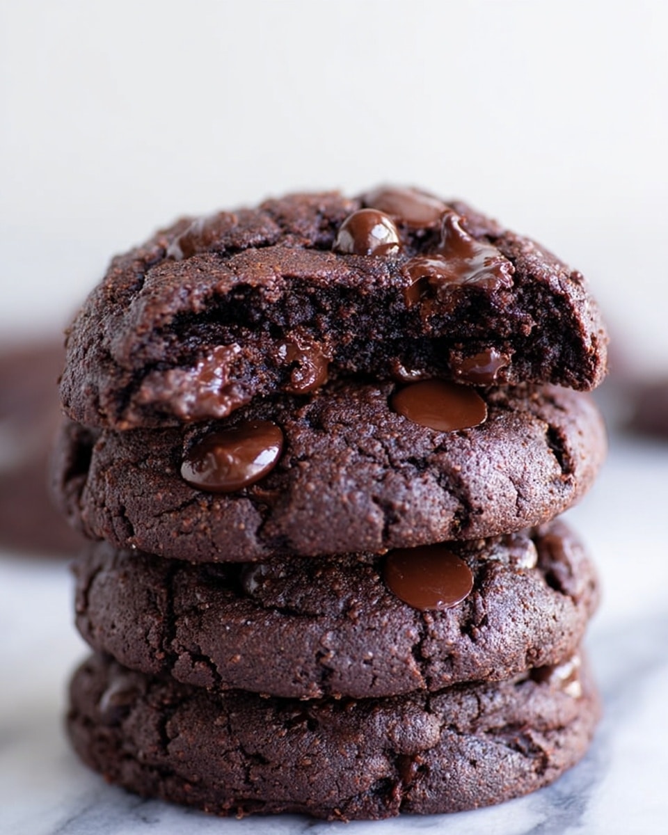A close-up view of a stack of five thick dark brown chocolate cookies, each dotted with melted, shiny chocolate chips that glisten slightly. The top cookie is broken in half, showing a soft, moist inside texture with more melted chocolate chips inside. The surface is cracked and rough, highlighting the dense and rich nature of the cookies. The background is a clean white marbled texture. photo taken with an iphone --ar 4:5 --v 7