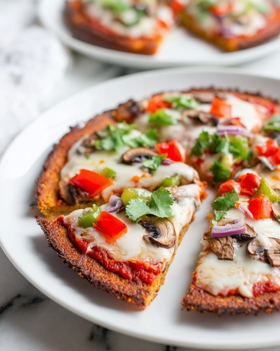 The image shows a close-up of a thin pizza on a white plate with a dark golden-brown crispy crust. The pizza has one pizza cut into slices with visible layers: the bottom crust is dark golden and rough, topped with red tomato sauce evenly spread, a layer of melted white cheese, and scattered toppings including small red tomato pieces, green bell pepper chunks, brown mushroom slices, and green cilantro leaves. The pizza sits on a white marbled surface, with another plate of pizza blurred in the background. Photo taken with an iphone --ar 4:5 --v 7