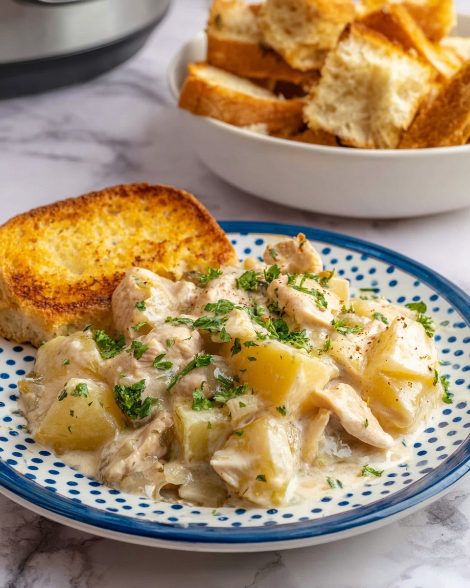 A white plate with blue dots at the edge holds a creamy dish with three main layers: large pale yellow potato chunks, light beige chicken pieces, and white creamy sauce mixed with chopped green parsley sprinkled on top; next to the creamy mixture is a piece of golden brown toasted bread with a crisp texture. In the background, a white bowl contains more pieces of the toasted bread. The surface beneath the plate is a white marbled texture. Photo taken with an iphone --ar 4:5 --v 7