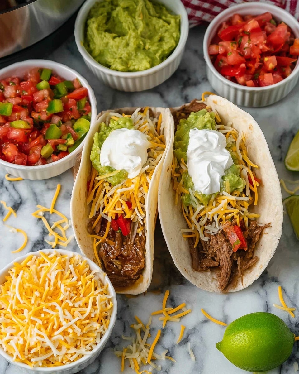 Two soft white tortillas are filled with slices of cooked brown meat at the bottom, topped with sautéed onions and red peppers, then a layer of mixed yellow and white shredded cheese, followed by a chunky green guacamole with bits of red tomato, and finished with a dollop of white sour cream on top. Nearby, there are three small white bowls: one with bright red chopped tomatoes and green peppers, one filled with the same chunky green guacamole, and one with the shredded cheese mix. Scattered cheese shreds are on the white marbled surface around the tacos, with a lime resting to the right. Photo taken with an iphone --ar 4:5 --v 7