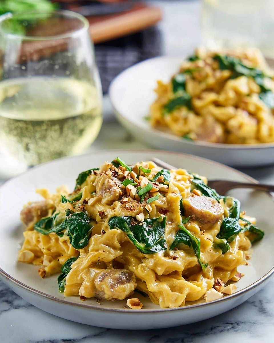 A serving of creamy orange-yellow pasta with visible spiraled pasta tubes is placed on a white plate. The pasta is mixed with green spinach leaves scattered throughout and light brown nut pieces sprinkled on top. Some thin slices of brown mushrooms peek through the creamy sauce. The plate sits on a white marbled surface with a silver fork positioned on the right side of the plate, lifting some pasta. In the background, another white plate with the same dish is blurred, and a glass of light yellow wine with condensation sits to the left. photo taken with an iphone --ar 4:5 --v 7