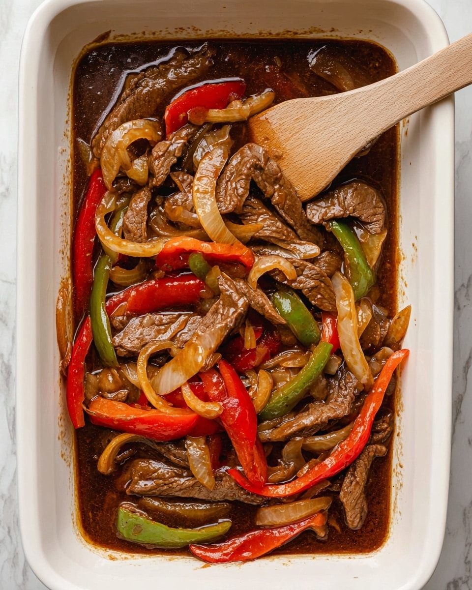 The image shows a white rectangular dish filled with a mix of cooked food. The bottom layer is dark brown sauce with a shiny, liquid texture. On top, there are three main layers: strips of medium brown beef pieces, soft cooked onion slices that are light brown and translucent, and red and green bell pepper strips that are soft with a slightly glossy texture. A light wooden spatula is resting on the top left side, partially in the dish, mixing the food. The background is a white marbled surface. photo taken with an iphone --ar 4:5 --v 7