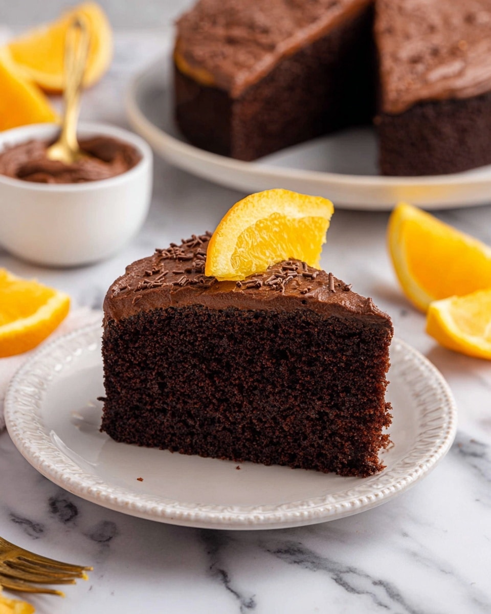 A thick slice of dark brown chocolate cake with a smooth layer of darker chocolate frosting on top, sprinkled with small chocolate shavings, sits centered on a white plate with delicate scalloped edges. A fresh orange slice rests on the top right corner of the frosting layer. In the background, a round chocolate cake with one slice removed is placed on a white plate, and a white bowl with chocolate frosting and a golden spoon inside is slightly blurred. Several orange wedges are scattered on a white marbled surface. Photo taken with an iphone --ar 4:5 --v 7