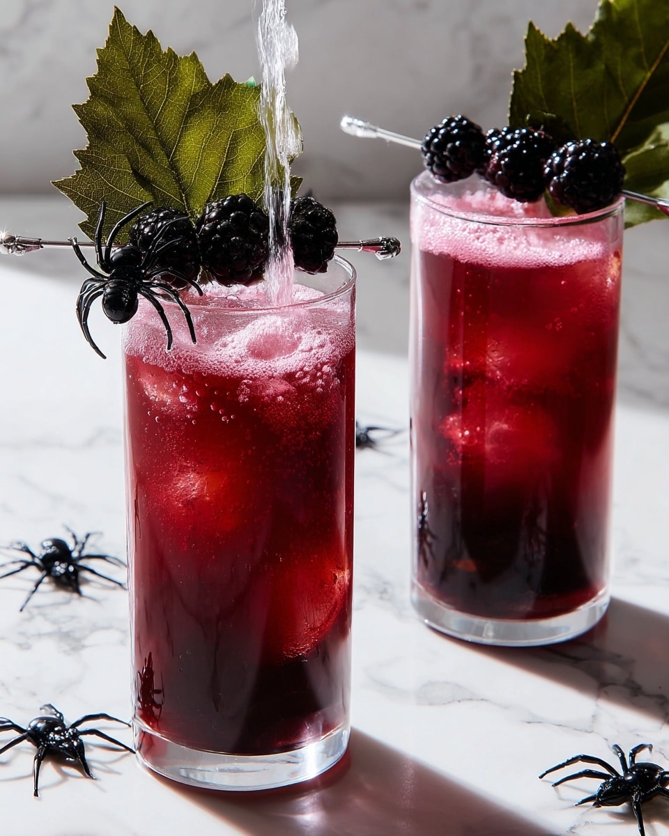 A clear glass filled with a dark red liquid that looks thick and smooth, with tiny bubbles near the surface. Two blackberries are stacked on a shiny blue metal stick placed on the rim of the glass. Behind the berries, a large green leaf with visible veins leans against the inside of the glass. A small black plastic spider is stuck on the outer side near the rim. A woman's hand gently holds the glass from the right side. The background is a white marbled surface with bright lighting showing reflections on the glass. photo taken with an iphone --ar 4:5 --v 7