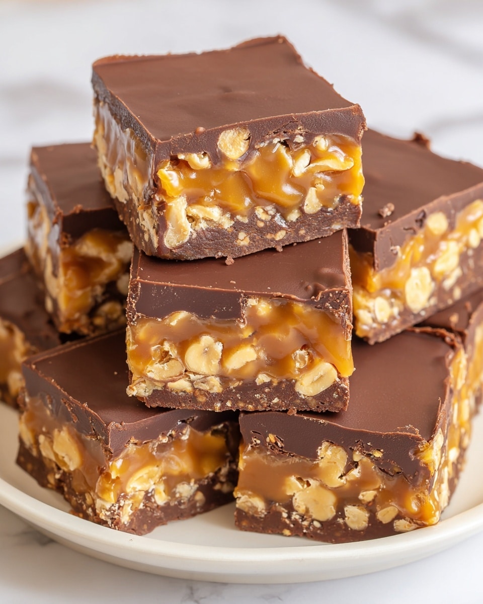 A close-up view of a stack of six square bars arranged on a white plate over a white marbled surface. Each bar has three layers: the top layer is smooth dark brown chocolate, the middle layer is sticky golden caramel mixed with whole peanuts, and the bottom layer is a thicker dark brown chocolate base, slightly rough in texture. The bars are neatly cut, with some gooey caramel visible at the edges. The lighting highlights the shiny chocolate and textured peanuts, making the layers clear and rich in color. photo taken with an iphone --ar 4:5 --v 7