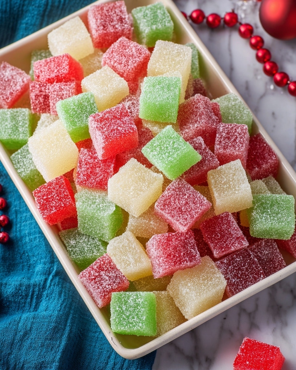 The image shows a white rectangular tray filled with small square jelly candies in three colors: red, green, and pale yellow. Each candy is coated with a light layer of sugar, giving them a slightly frosted and textured look. The candies are stacked evenly inside the tray, showing their slightly translucent, soft texture. To the right of the tray, there is a blue cloth and a string of red and white round beads lying on a white marbled surface with a wooden texture visible underneath. Photo taken with an iphone --ar 4:5 --v 7