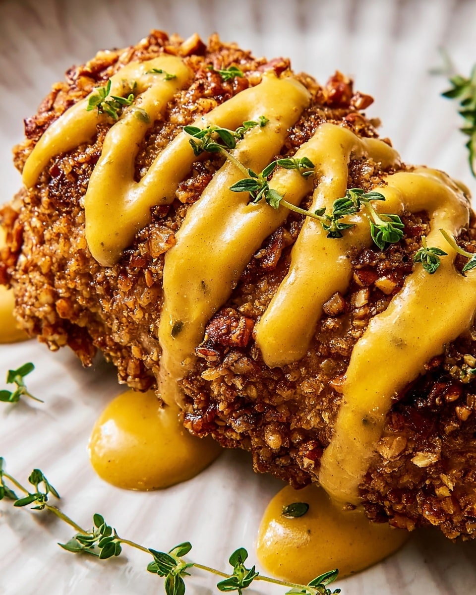 A close-up of one thick piece covered in a crunchy nut crust that is golden brown with visible small pieces of chopped nuts all over. On top, thick but smooth mustard yellow sauce is drizzled in a zig-zag pattern, garnished with small green herb leaves scattered around and on the sauce. It sits on a white plate with a subtle ridged texture on a white marbled surface. photo taken with an iphone --ar 4:5 --v 7