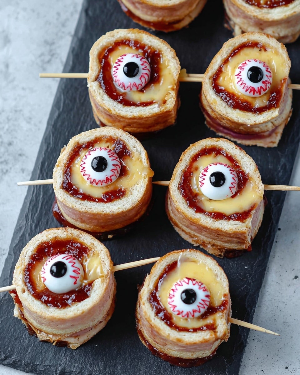 The image shows four rolled tortilla pieces placed on a white plate with a white marbled surface underneath. Each roll has a light brown tortilla outer layer with a dark brown sauce spiraled inside, topped with a yellowish layer and a candy eyeball on top. The candy eyeballs are white with red vein-like lines and a black center, creating a spooky eye effect. Small wooden sticks are inserted through the rolls horizontally, and there are splashes of red sauce around the plate. Photo taken with an iphone --ar 4:5 --v 7