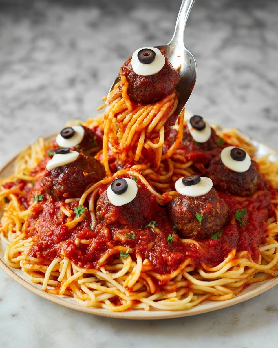 A white oval plate on a white marbled surface holds a large serving of spaghetti with bright red tomato sauce spread unevenly over the pasta. On top, there are several round meatballs, each decorated with a small white circle and a black olive slice on top, resembling eyeballs. The spaghetti strands are thick and light in color, with some meatballs sitting directly on the sauce and others slightly elevated. A metal spaghetti server lifts a portion of the spaghetti paired with one meatball, showing the texture of the sauce and pasta clearly. Small green herbs sprinkle across the sauce, adding a fresh touch. Photo taken with an iphone --ar 4:5 --v 7