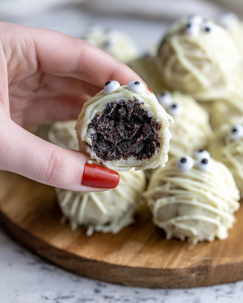 A close-up view of a small round treat held by a woman's hand with red nail polish, showing a dark, dense, moist chocolate layer inside. The treat is covered in a thick, white chocolate coating that has thin white chocolate strands on it, giving a textured look. In the background, several similar treats with white chocolate coating and small black-and-white candy eyes are stacked on a round wooden board on a white marbled surface. photo taken with an iphone --ar 4:5 --v 7