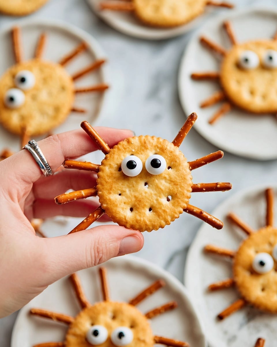 A round golden cracker forms the top layer with two small, white candy eyes featuring black pupils placed near the center. Eight small, brown pretzel sticks are evenly arranged beneath the cracker, poking out around the edges to look like spider legs. The cracker shows a slightly textured surface with small holes. A woman's hand with light skin and a silver ring is holding the spider cracker close to the camera. In the background, more similar spider crackers are placed on white plates sitting on a white marbled surface. The overall look is playful and cute, capturing small snack spiders clearly, photo taken with an iphone --ar 4:5 --v 7