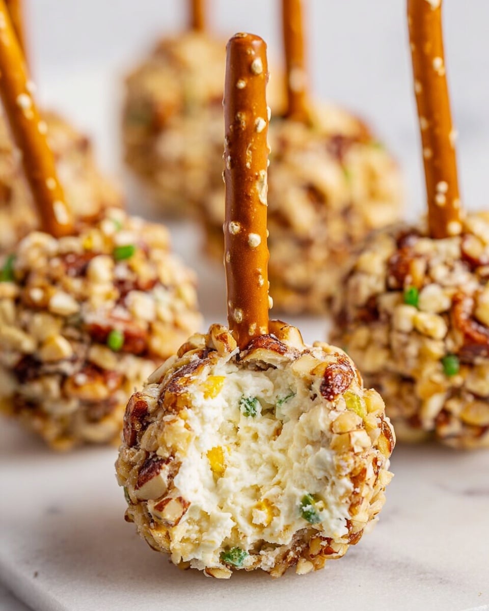 The image shows several small cheese balls covered with chopped nuts, each pierced from the top with a long pretzel stick. One cheese ball in front is bitten, revealing a creamy white cheese inside with bits of green and yellow herbs or vegetables. The cheese balls have a rough, textured surface from the nuts, and the pretzel sticks are brown with visible salt crystals. The cheese balls are arranged evenly on a white marbled surface, with the focus on the front cheese ball. Photo taken with an iphone --ar 4:5 --v 7
