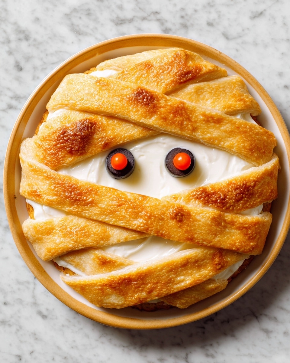 A round white plate holds a creamy white cheese as the base layer, with thick, golden-brown strips of baked pastry dough laid across it in a crisscross pattern to resemble mummy bandages. Two black olive slices topped with small cherry tomato pieces are positioned near the center as eyes, creating a playful face. The plate is placed on a white marbled surface. photo taken with an iphone --ar 4:5 --v 7