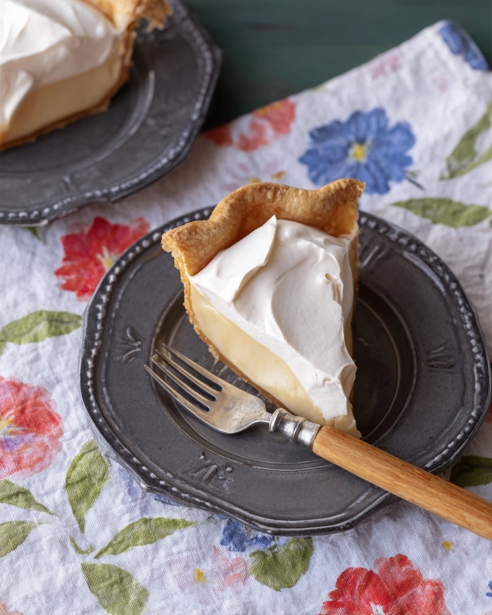 A slice of light brown pie with a golden crust is placed on a dark gray decorative plate. The pie has a thick layer of smooth white topping covering half of it. A fork with a wooden handle lies on the plate next to the pie slice. The plate sits on a white cloth with a floral pattern of red, blue, and green flowers. Another plate with a similar pie slice is partly visible in the top left corner. Photo taken with an iphone --ar 4:5 --v 7