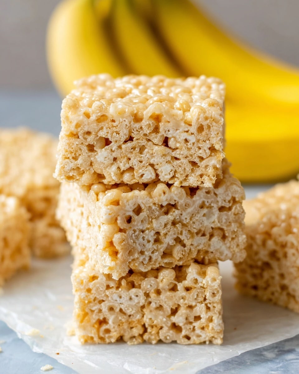 A close-up image shows three light golden brown rice crispy treats stacked on top of each other on a white marbled surface. The treats have a visible puffed rice texture with a slightly sticky, shiny binding layer. Around the stack, there are parts of two more rice crispy treats placed casually, and in the background, there are three ripe yellow bananas slightly out of focus. The scene is softly lit, emphasizing the crispy texture and light color of the treats. photo taken with an iphone --ar 4:5 --v 7